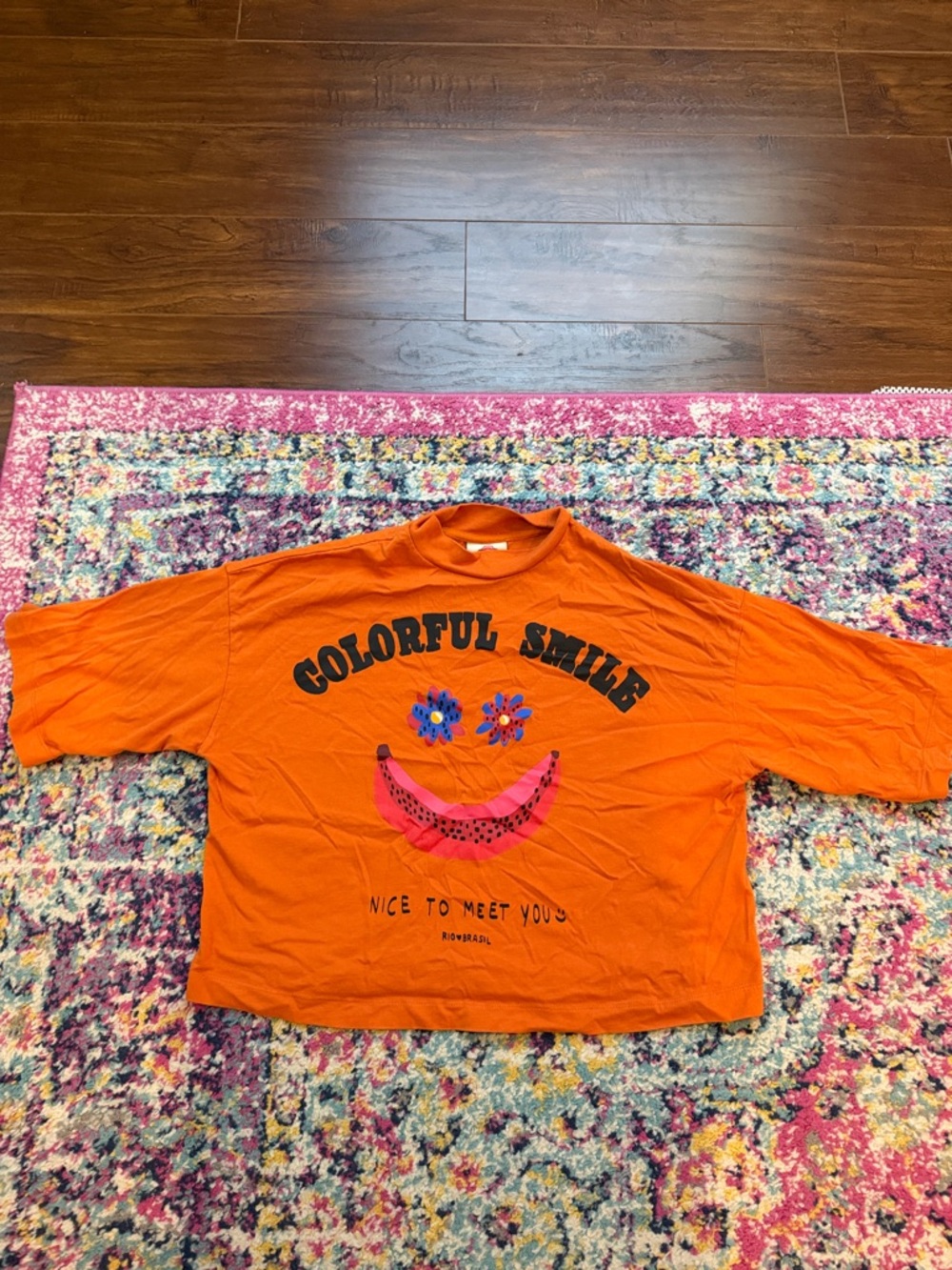 FARM Rio Orange Graphic 'Colorful Smile' Tee with Multicolor Appliqué